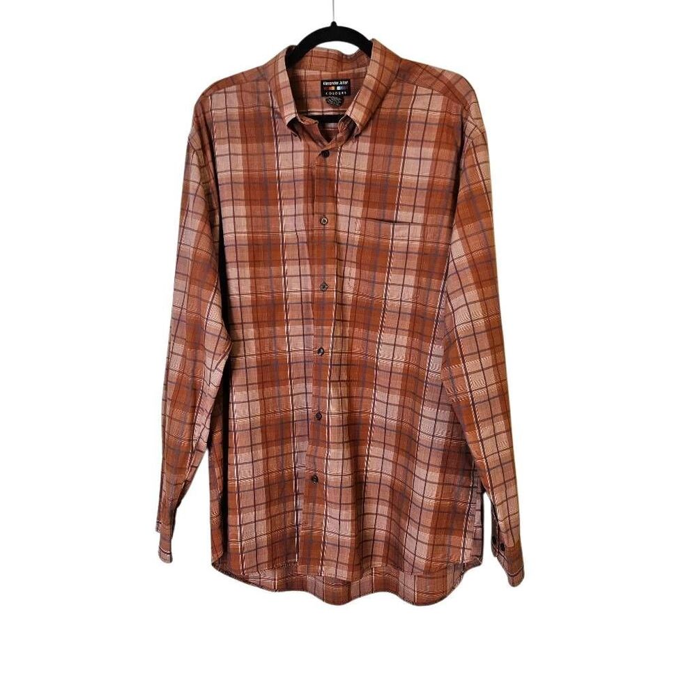 Alexander Julian button down, brown plaid. Cabincore, casual. XXL #875